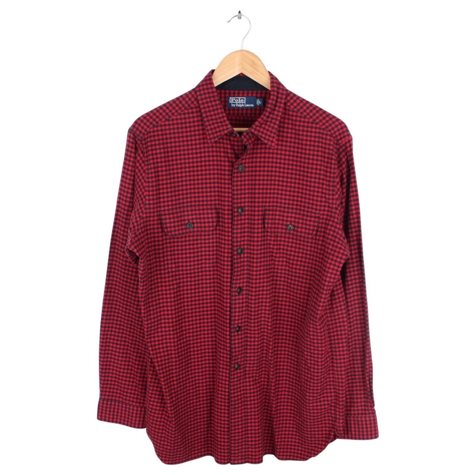 Polo Ralph Lauren Buffalo Plaid Flannel Shirt Red Black Button Front Size Large